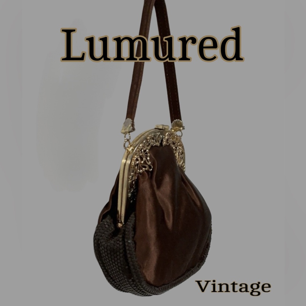 LUMURED Vintage Brown Satin Handbag Ornate Gold Embellishment Brown Beading